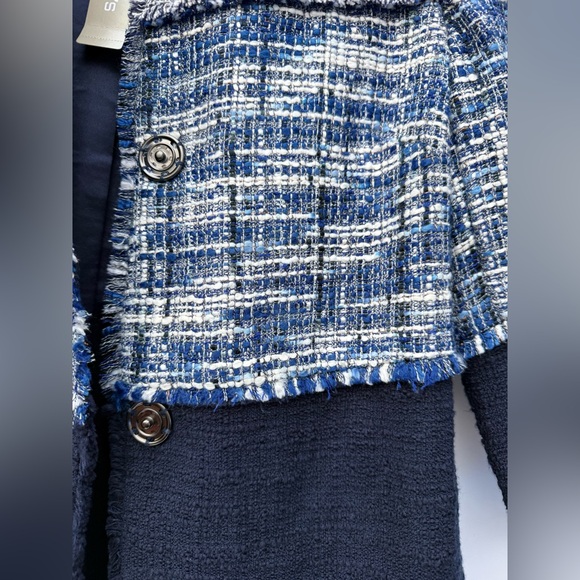 CHICO'S Tweed Longline Frayed Jacket Navy Blue Colorblock Size 0 (US 4/6 Small) - Picture 16 of 16